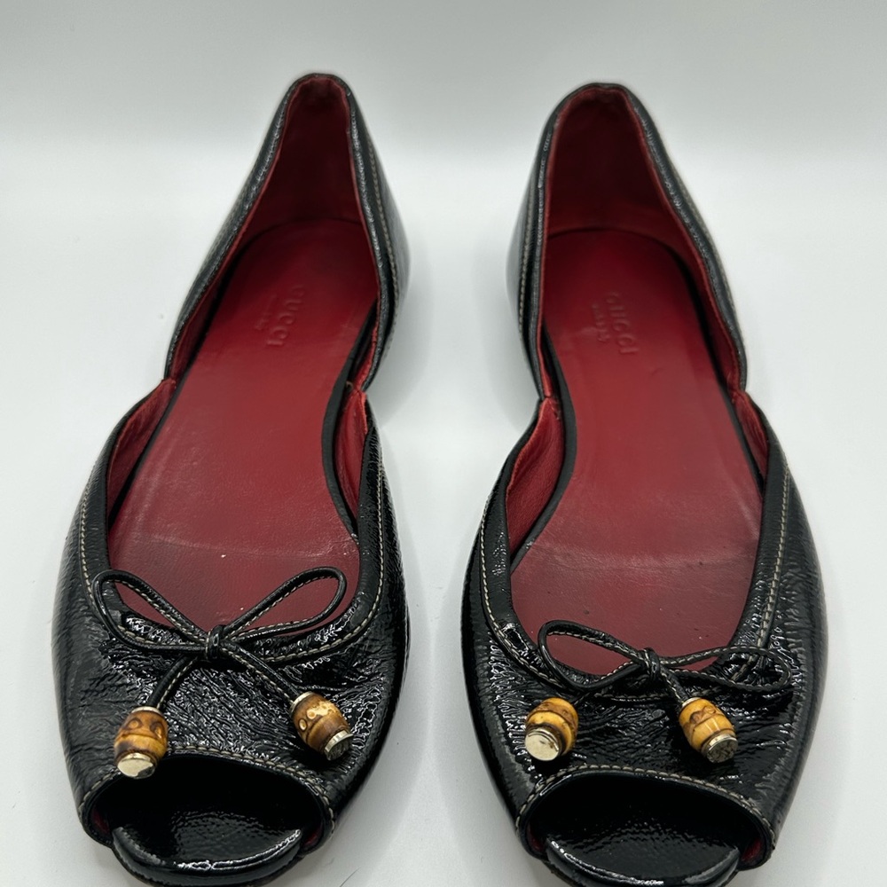 Gucci Black Patent Leather Peep-Toe Flats